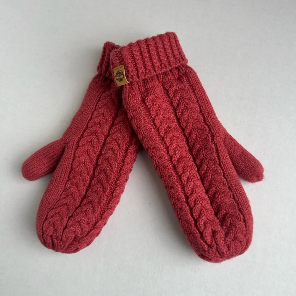 Timberland Cable Knit Mittens Faux Fur Lined Fold-Up Winter Warm